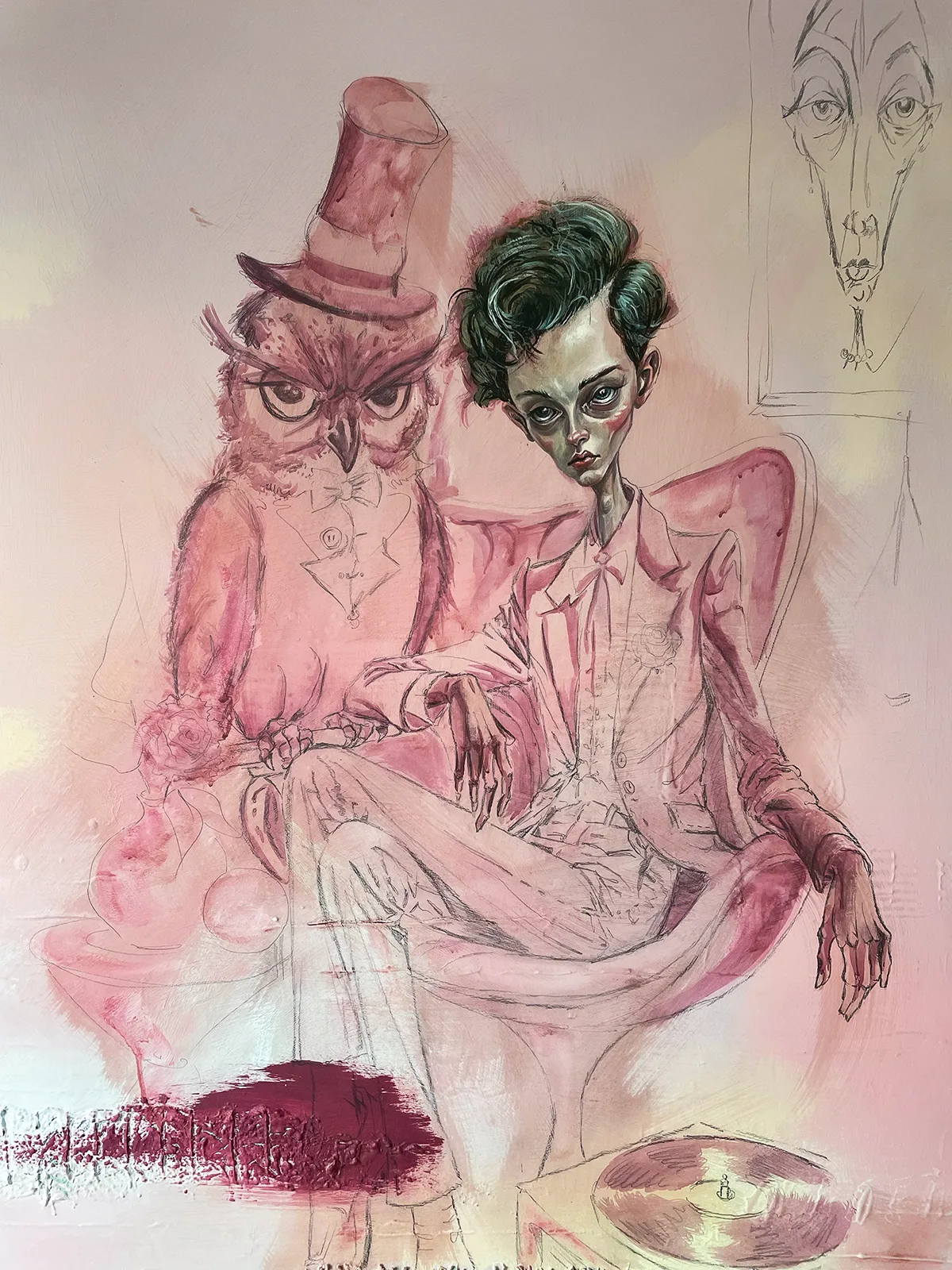 Stufe 2: Rosafarbene Aquarelllasuren über der Skizze; Gesicht und dunkles Haar des Jungen sind bereits ausgemalt.